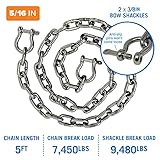 Stainless Steel Anchor Chain, Marine Grade Boat Accessories with Double Shackle Link Ends, 5 Ft Length, 5/16" Width for Boats