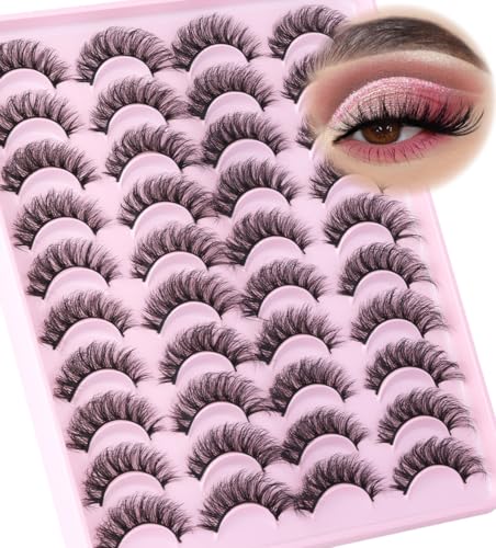 20 Pairs Fluffy Lashes Wispy False Eyelashes Natural Look 3D Volume Faux Mink Eyelashes Cat Eye D Curl Daily Strip Lashes Pack by Kiromiro