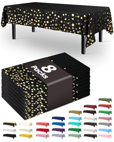 Pureegg Plastic Table Cloth Disposable 8 Pack, 54 x 108 Inch Table Cloths, Graduation Decorations Class of 2025, Graduation Tablecloths, Rectangle, Plastic Cover, Leakproof & Sturdy, Black and Gold