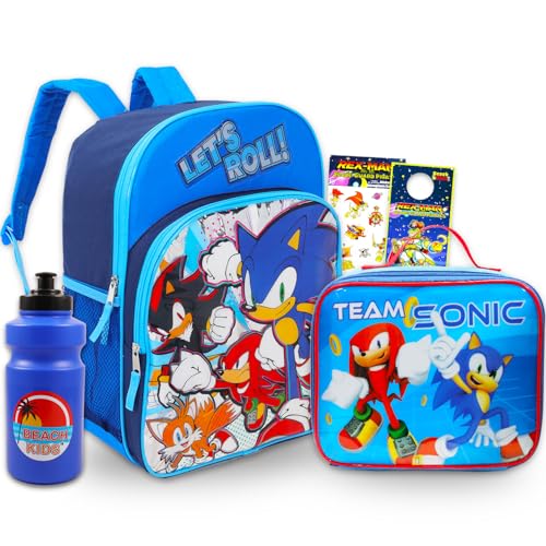Nintendo Sonic the Hedgehog Backpack with Lunch Box Set for Kids - Bundle with 16" Sonic Backpack, Sonic Lunch Bag, Stickers, More | Sonic Backpack for Boys