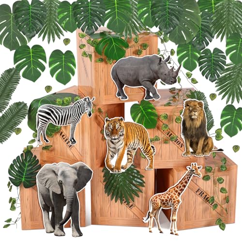 Daifunli 35 Pcs Jungle Animals Party Decoration Jungle Safari Favor Boxes with Artificial Palm Leaves for Birthday Tropical Woodland Zoo Wild Animal Party Supplies