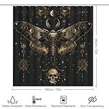 TOWINSFB 4Pcs Retro Star Moon Moth Shower Curtain Sets Bathroom Decor, Gothic Halloween Butterfly Scary Skull Shower Curtain with Non Slip Rug, Toilet Lid Cover, Bath Mat and 12 Hooks 72W x 72L