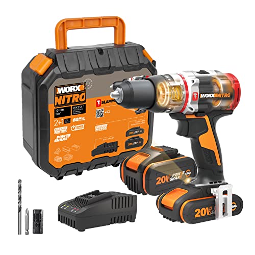 WORX NITRO 18V (20V MAX) Cordless Impact Drill WX354.1 PowerShare PRO Brushless 60 N.m 2 Speed Control 10 mm in Reinforced Concrete 1 Masonry Drill Bit 8 mm1 Battery 2 Ah 1 Battery 4 Ah