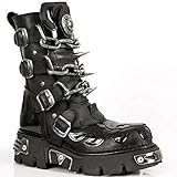 New Rock Unisex M.727-S1 Black Leather Boots Skull Chain Flame Reactor Boots 37