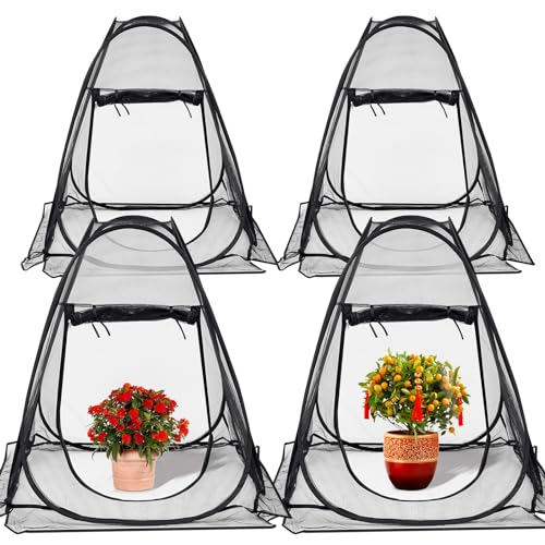 Domensi 4 Pcs Summer Pop Up Gardening Net Cover 33.5 x 33.5 x 37 Inch Pop up Mesh Plant Cover with 16 Ground Stakes for Vegetable Fruit Flower Plant Protectors from Animals Plant Tent Popup Greenhouse