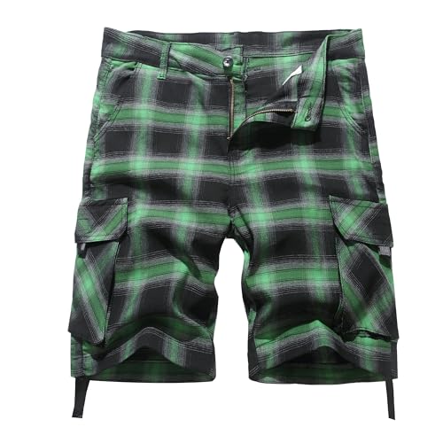 NOVOCCT Cargo Short for Men Relaxed Fit Plaid Outdoor Hiking Work Stretch Cotton Casual Shorts with Multi-Pocket (Green Black Plaid - E25, 36)