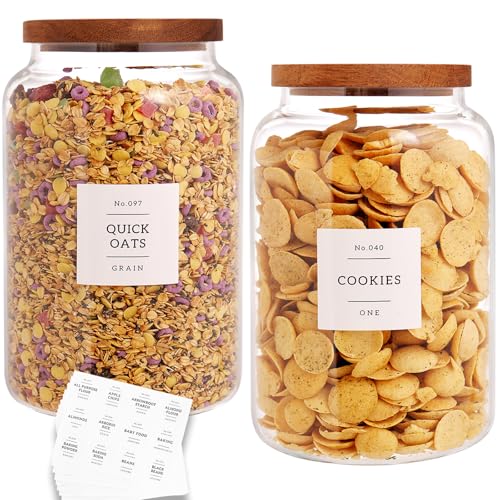 CZHQSMZ Set of 2 Large Glass Flour and Sugar Containers with 132 Pantry Labels - Glass Food Storage Jars with Airtight Bamboo Lid for Flour Pasta Candy Coffee Cookie and More(1 Gallon/4000 ml)