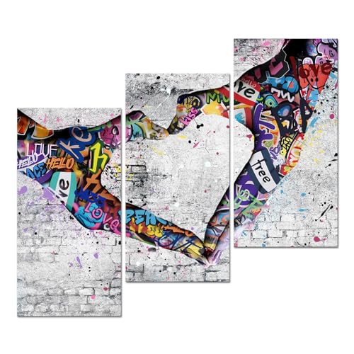 KREATIVE ARTS 3 Pieces Graffiti Paintings Canvas Wall Art Hand Heart Gesture Pop Art Posters Prints Romantic Bedroom Decor Modern Giclee Artwork Framed Ready to Hang Each Panel 12x24 Inches