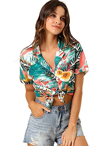 Allegra K Women's Hawaiian Shirt Floral Leaves Printed Short Sleeve Top Tropical Button Down Shirt Summer Fashion 2024 Small White