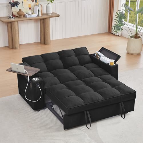 hansones 65'' 3-in-1 Folding Convertible Sofa Bed, Pullout Sofa, Modern Chenille Fabric, 360° Swivel Side Table, Easy Assembly, Perfect for Living Room, Black
