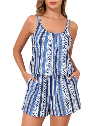 Summer Mae Swim Romper Women's One Piece Swimsuits with Pockets 2025 Blouson Modest Bathing Suits Blue Vertical Size 10