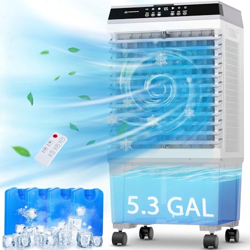 SUNGDOGIN Swamp Cooler Air Conditioner,1800CFM Portable Evaporative Air Cooler,Cooling Fan for Room Garage Patio,5.3 Gal Water Tank,3 Speeds,4 Ice Boxes,12H Timer,Remote,32inch