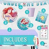 The Little Mermaid Party Decorations | Officially Licensed | Serves 16 Guests | Ariel Birthday Party Supplies | Tablecloth, Banner, Dinner & Cake Plates, Cups, Napkins, Tattoos Favors & Button