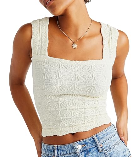 Free People Dupe Tank Top for Women Going Out Crop Tops Square Neck Cami Summer Tops 2025 Beige, M/L