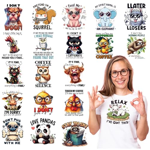 Shejdgart Dtf Transfers Ready to Press - 20 Pcs Funny Animal Iron on Transfers for T-Shirts Sarcastic Cat Dog Cow Heat Transfer Vinyl Stickers Patches Decals for Clothes Bag Pillow DIY Decor