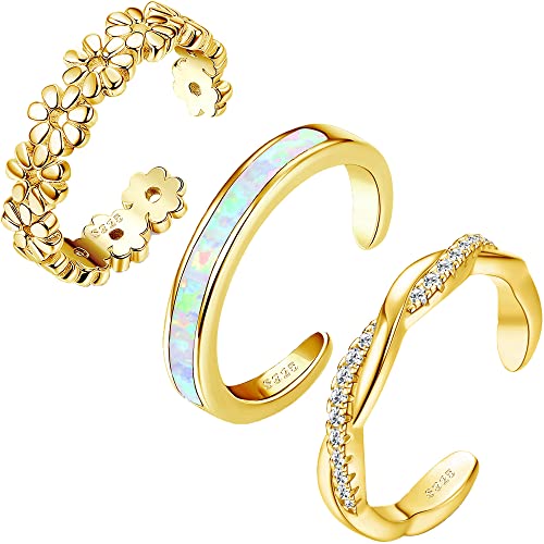 FIASASO 925 Sterling Silver Toe Rings for Women Adjustable 14K White Gold Plated Gold