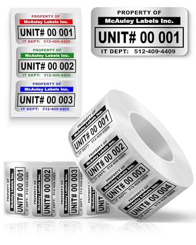 McAuley Labels Custom Asset Tags for Equipment - Numbered, Permanent - Heavy Duty Metalized Polyester, Stronger Adhesive - ID Label - 1.5x0.75 Inches