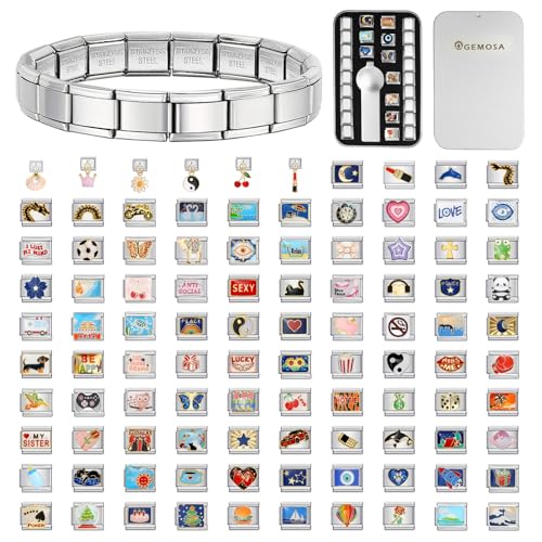 Custom Italian Charm Bracelet - 10 Personalized Charms, Stainless Steel, Silver, 6.75' Adjustable Link Bracelet with Tool - Moon, Star, Animals, Heart, Flowers & More