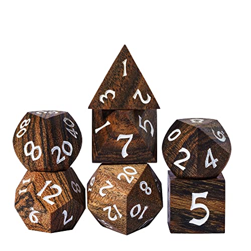 HDdais Wood DND Dice, 7pcs Polyhedral Dice Set with Iron Box, RPG D&D Dice Made with Wood for Dungeons and Dragons Role Playing Games(Brown with Black Striped)