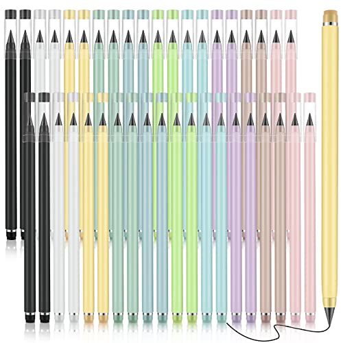 Marsui 40 Pcs Everlasting Pencil Forever Inkless Pencil Eternal with Eraser Aesthetic Reusable for Writing Drawing Home Office School Students Supplies(Multi Colors)