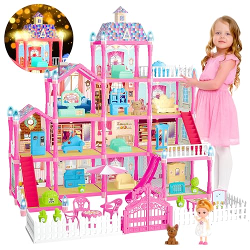 Doll House for Girls,13 Rooms Dollhouse with Dolls Figure, Puppies,Furnitures, Accessories, LED Light, Toddler Playhouse Gift for for 3 4 5 6 7 8 9 10 Year Old Girls Toys (Pink)