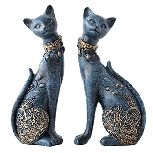 2 Pcs/set Cat Statues Home Decor, Room Decor Cat Figurines and Statues, Couple Cat Statues for Home Decor, Suitable for Living Room Wine Cabinet TV Cabinet Decoration Wedding Gift First Choice (Blue)