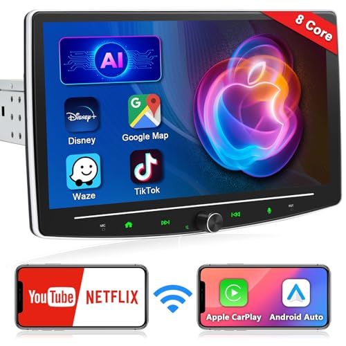 10 Inch Single Din Touchscreen Car Stereo with Wireless Carplay & Wireless Android Auto, Adjustable Android Car Radio with Live Rearview Backup Camera, Bluetooth AM/FM WiFi, GPS Navigation, 2+32G