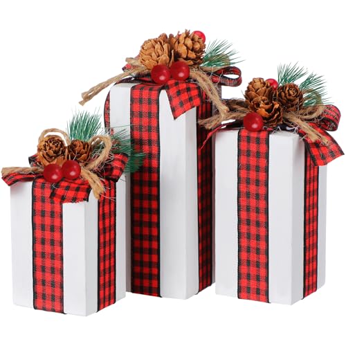 Glenmal 3 Pcs Christmas Table Centerpieces Christmas Table Decor Faux Present Wooden Blocks with Buffalo Plaid Bowknot Rustic Decoration for Holiday Xmas Tree Tiered Tray(White)