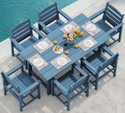 SERWALL 7-Piece Patio Dining Table Sets, Outdoor HDPE Dining Furniture Set with Umbrella Hole Cut-Out Table and 6 Chairs, Blue