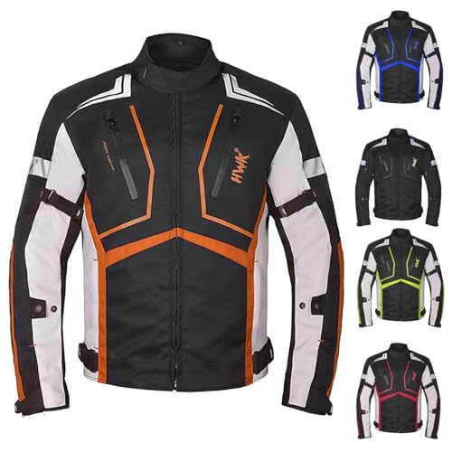 HWK Scorpion Motorcycle Jacket for Men & Women, Motorcycle Gear with Body Armor Foam Padding and Breathable Cordura Fabric, Reflective Motor Bike Jacket for Improved Night Visibility - Orange, Large