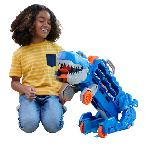 Hot Wheels City Toy Car Track Set, Ultimate T-Rex Transporter, Dinosaur Hauler for 20+ Vehicles, Semi Transforms into Dino with Lights & Sounds