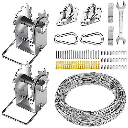 FZENeast Shade Sail Hardware Kit Include Winches & Wire Rope, Anti-Rust Stainless Steel Sun Shade Hardware Kit for Rectangle Square Triangle Shade Sail Installation(75 PCS)