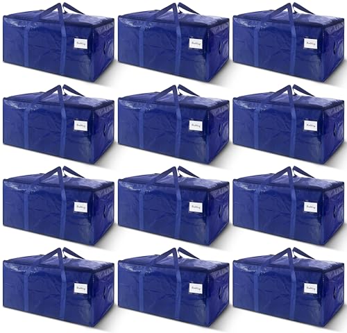 12 Pack Extra Heavy Duty Large Moving Bags with Strong Zipper & Carrying Handles, Sturdy Clothes Storage Bag Totes Bins, Packing Bags Moving Boxes College Moving Supplies, Dark Blue - 33 gal