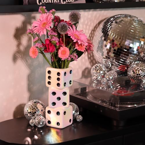 Reimagine Discovery Iridescent Triple Dice Vase, Maximalist Home Decor Ceramic Flower Vase, Iridescent Desk Accessories for Office, Bar Cart Or Vanity, Unique & Trendy Holographic Decor