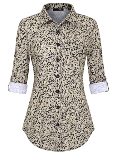 DJT Womens Plaid Shirts Soft Stretchy Knit Blouse Long Sleeve Button Down Shirts Work Tops Medium Apricot Black Floral