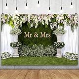 YongFoto Mr and Mrs Wedding Party Backdrop 12x10ft Floral Grass Wall White Sheer Curtain Flower Arch Photography Background Lover Marriage Proposal Bridal Shower Reception Photo Booth Props Banner