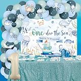 Under the Sea 1st Birthday Decoration Boy, Oneder the Sea 1st Birthday Decorations Backdrop Ocean Animal Stickers Balloon Garland Kit Number 1 Foil Balloon for Boy Sea Underwater 1st Birthday Party