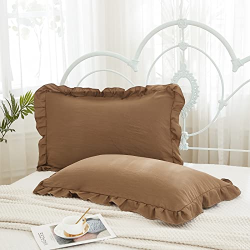 Brown Ruffle Standard Pillow Shams - Cute Coffee Pillowcases Set of 2 - Shabby Chic Soft Queen (20''x30'') Cover Pack