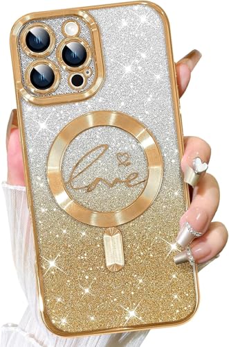 Fiyart Compatible with iPhone 11 Pro Max Case,Compatible with MagSafe Love Heart Plating Camera Protection Clear Magnetic Glitter for Women Girls Shockproof Phone Bumper 6.5"-Gold