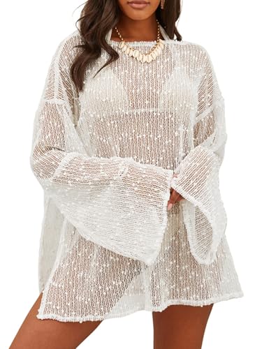 Lilosy Sexy Crochet Sheer Kaftan Caftan Beach Dress Bathing Suit Swim Coverup One Piece Women Knit See Through Swimsuit Bikini Swimwear Cover up White Large