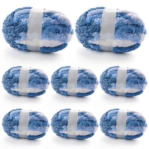 8 Pcs Chunky Yarn for Hand Knitting - Chunky Chenille Yarn for Crocheting - Fluffy Yarn for Crochet - Jumbo Yarn for Hand Knitting 227 yds 61.6 oz of Super Bulky Yarn (Blue-Light Blue-White)