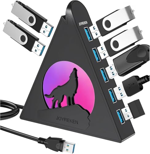 JoyReken 7-Port USB 3.0 Hub, Vertical USB Hub Splitter with RGB Lighting,5Gbps High-Speed Data Transfer and 2FT Extension Cable, Compatible with PC, MacBook, Laptop, PS5, Xbox, Flash Drive, Printer