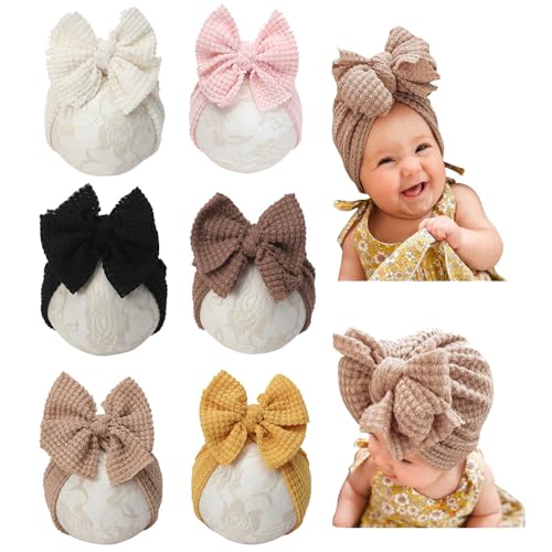 Esumun Baby Girl Hair Bow Hat, Waffle Knitting Turban Top Bowknot Head Wrap, Beanie India Cap for Infants Toddlers Girls 6 PCS (DNDC035)