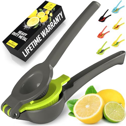 Zulay Metal 2-In-1 Lemon Squeezer Manual - Sturdy, Max Extraction Hand Juicer Lemon Squeezer Gets Every Last Drop - Easy to Clean Manual Citrus Juicer - Easy-to-Use Lemon Juicer Squeezer - Gray/Lime