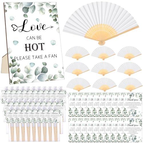 Youdaju 80Pcs Wedding Fan Gifts for Guests White Paper Handheld Fan with 80 Organza Bags 80 Cards 1 Wedding Table Sign, Wedding Foldable Hand Fan Bamboo Handheld Folded Fan Handheld Wedding Favor Fans