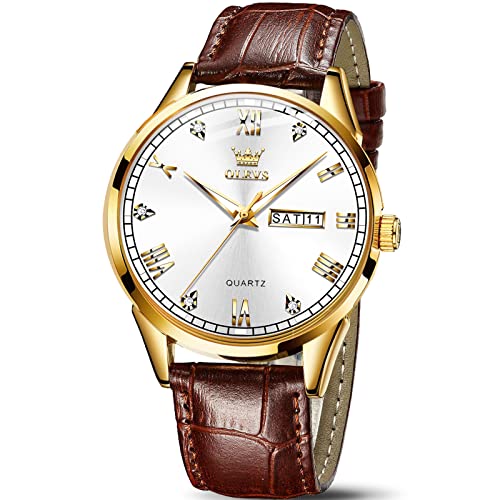 OLEVS Mens Watches Day and Date,Leather Wrist Watches for Men,Mens Brown Leather Watch,Men Gold Wrist Watch,Leather Band for Dress Big Face Man Date