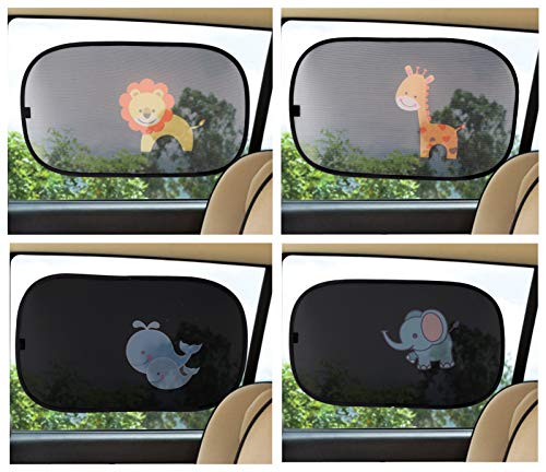 CitiGo Car Window Sun Shade (4 pcs) - Block UV Ray, Lighting and Glare, Protection for Baby and Kids - Cartoon Lion, Elephant, Giraffe and Whales - for Side Windows and Rear Windshield ONLY.