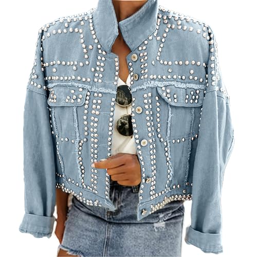 Omoone Women's Long Sleeve Rivet Studded Denim Jacket Casual Washed Pearl Short Jean Coat(2140-Blue-S)