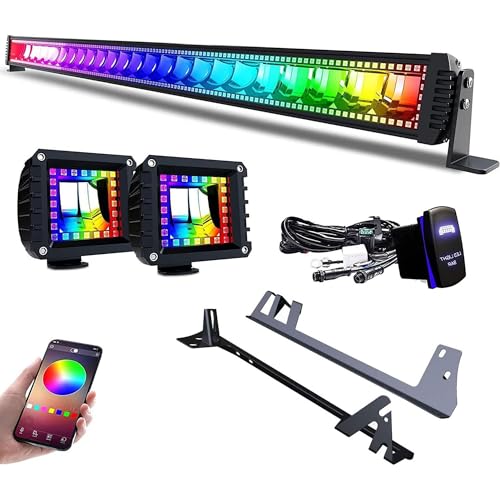 RGBW LED Light Bar 52Inch 300W Flood Spot Combo 2x 4Inch Flood RGB LED Pods w/ 16 Solid Colors Chasing Ring Changing with Strobe Flashing + Upper Windshield Mounting Brackets Fit Wrangler JK 2007-2018