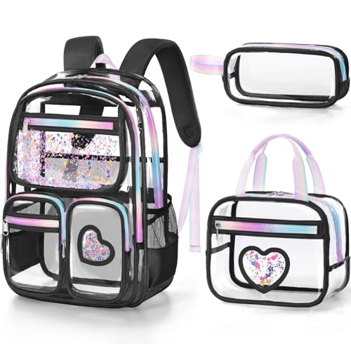 Fimibuke Clear Backpack for Girls, 3PCS Heavy Duty PVC Transparent Kids Backpack for Teen Girls, School, Concert, Stadium Events Approved See Through School Girl Bookbag with Lunch Box & Pencil Case